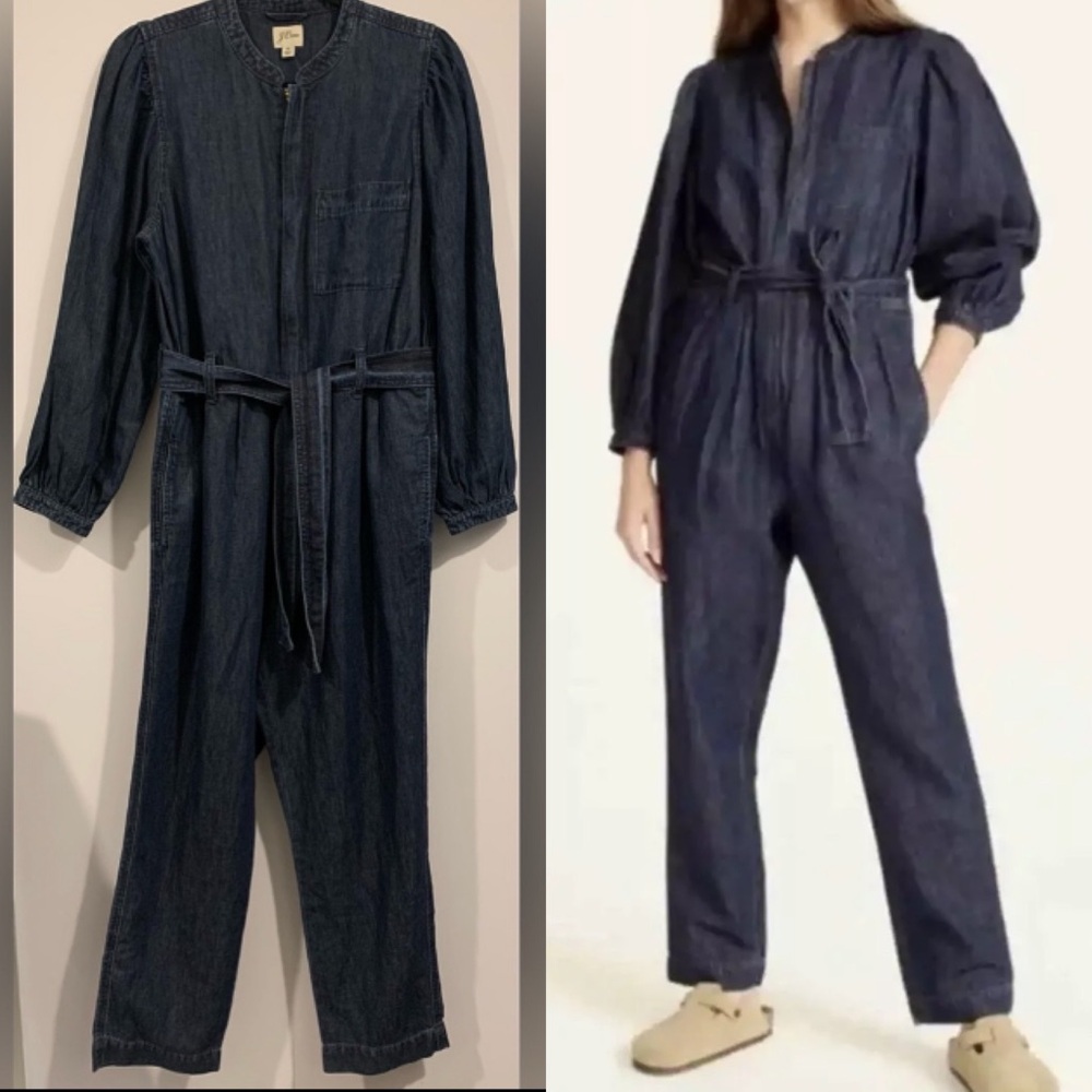 NWT, J. Crew- Puff Sleeve Denim Jumpsuit w/ Front Zip & Fitted Waist, Sz 10